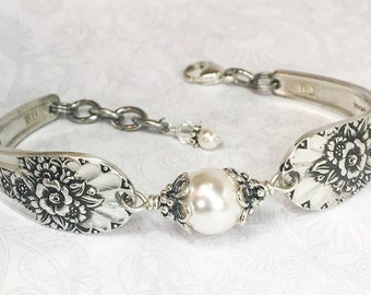 Silver Spoon Bracelet, White Pearls, Silverware Jewelry, Jubilee 1953