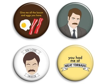 Ron Swanson Badges - 4 Parks and Recreation Pinback Buttons or Magnets
