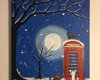 Whats this No20 - 9 x 12 Cats an dog next to a red phone Box, ready to hang, by Michael H. Prosper