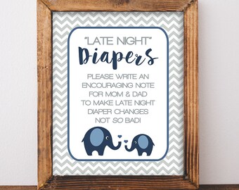 Late Night Diapers Baby Shower Sign, Navy Elephant Shower Sign, Grey Chevron, Baby Boy, DIY Printable, INSTANT DOWNLOAD
