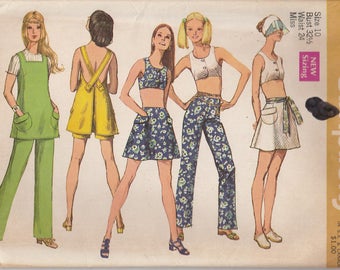 Mini Skirt Pattern Tunic Pants Midriff Top Tank 1970 Misses Size 10 Vintage Uncut Simplicity 8747