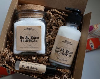 Be At Ease Spa Gift Set for Relaxation and stress relief - 9oz bath salts, 4oz lotion, perfume - lavender geranium neroli - gifts for women
