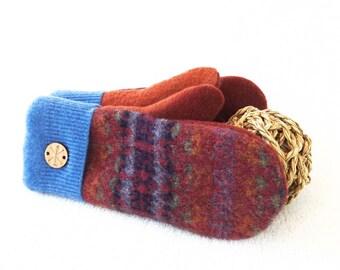 Wool Mittens CRANBERRY RED & BLUE with Orange Fair Isle Sweater Wool Mittens, Felted Sweater Wool Fleece Lined Mittens Gloves by WormeWoole