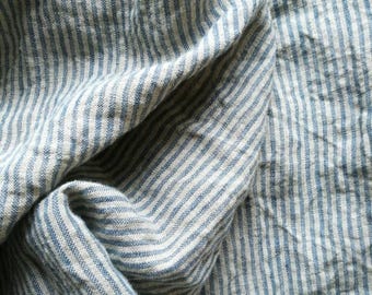 Linen fabric with light blue vertical stripes-pure linen--natural--washed