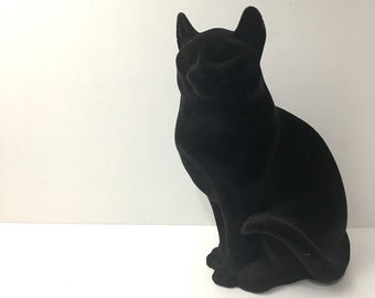 Syroco flocked black cat - resin statue with black flocked exterior - vintage cat decor