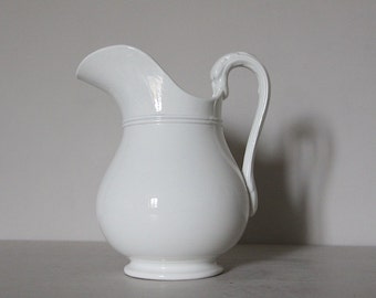 LARGE Antique French White Ironstone Jug with Swan Neck Handle, Nordic Living, Sarreguemines 1875