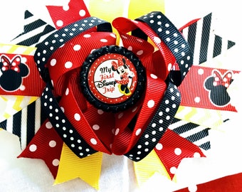 Minnie Mouse My first disney trip 1st Inspired red blk polka dost Hair Bow Grossgrain Loopy Boutique Handmade 5" 18m 24M 2T 3 t 4 t 5 6 7 8