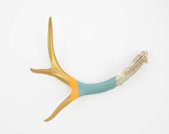 Painted Antler - MEDIUM - Gold, Orange & Green Striped - Taxidermy and Curiosities