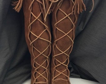 Ladies Vintage Knee High Minnetonka Leather Moccasins Fringe Boot Moccasins