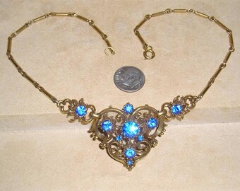 Signed Vintage Coro Blue Rhinestone Necklace 1940's Jewelry 10092