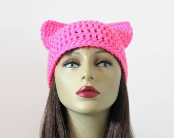 Pink pussyhat Crochet pink pussycat hat Pink Womens March Hat Knit pink cat hat crochet pink beanie with ears crochet pink hat kitty hat