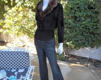 Vintage 1950's Irving Goldstein Black Broadtail Lamb Bolero Jacket with Brown Mink Collar - Size Small
