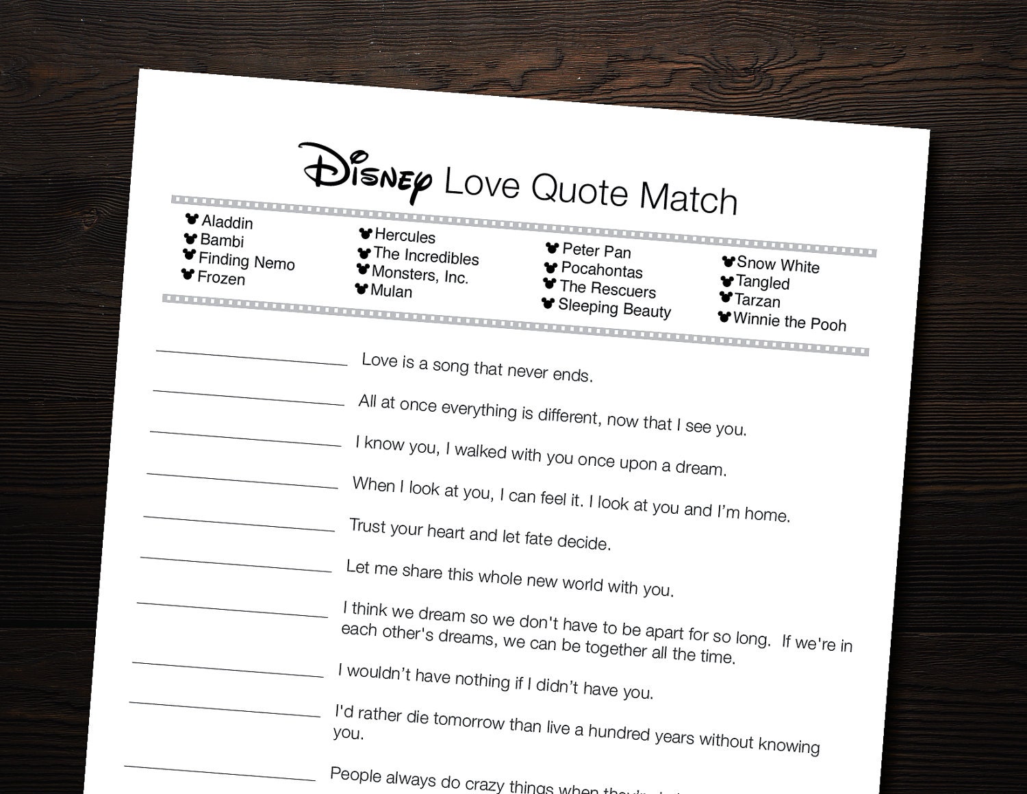  Disney  Bridal  Shower Disney  Love  Quote  Match Printable