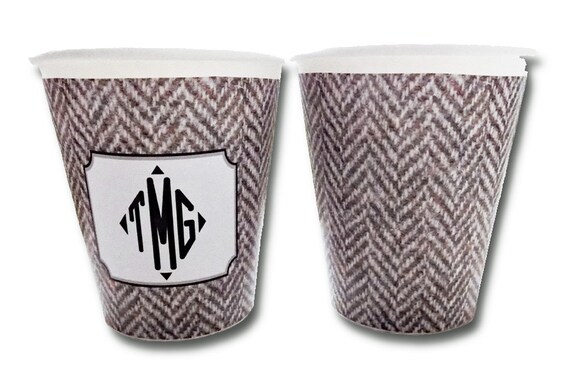 Monogram or Plain Brown Herringbone "Tweed" Hot/Cold Paper Party Cups - Set of 12 Il_570xn