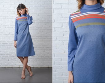 Vintage 70s Blue Mod Dress Red Striped A Line Ribbed Medium M 9157