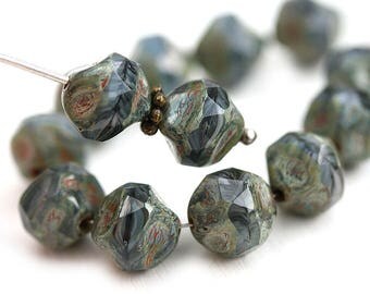 9mm Round Chunky czech beads, Picasso Dark Blue Grey mixed color fire polished beads, nugget - 15Pc - 2915