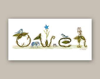 Name Sign Art - Baby Name Sign for Nursery - Name Sign Nursery Art - Baby Room Name Sign Art Print - Elephant, Birds, Owl, Blue, Brown