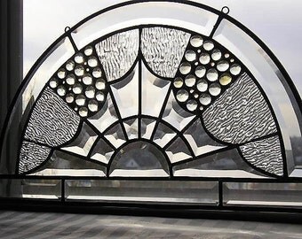 Stained Glass Art Panel|Clear Beveled Glass Panel|Semi Circle Glass Transom|Modern|Art and Collectibles|Glass Art|Handcrafted|Made in USA