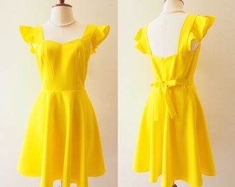 OLIVIA - Lemon Yellow Dress La La Land Ruffle Sleeve Sweetheart Dress - Back Zipper - Bridesmaid Prom Party Cocktail Dress Yellow Sundress