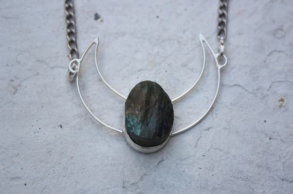 RAW LABRADORITE NECKLACE - Sterling Silver Necklace -Moon Jewellery- Labradorite Crystal- Crescent Moon- Chakra Jewellery- Moon Jewellery