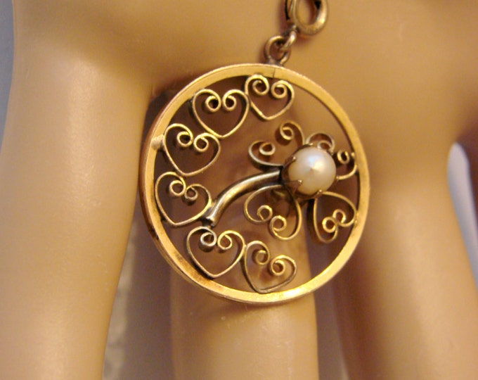 Antique 1/20 12Kt Gold Cultured Pearl Filigree Reversible Watch Fob
