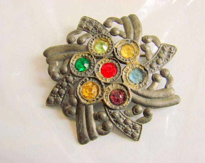 1930s Art Deco Floral Rhinestone Pot Metal Brooch Vintage Jewelry Antique Jewellery