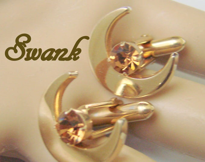Vintage Retro Swank Topaz Rhinestone Cufflinks / Wedding / Moon Motifs / Designer Signed / Mens Vintage Jewelry / Jewellery