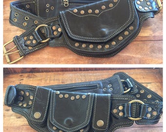 SALE Black leather sycamore pocket belt/ belt bag/ festival belt/burning man belt/ utility belt