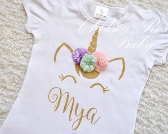 Pink and Gold Unicorn Birthday shirt, Personalized Unicorn Birthday shirt, Unicorn Birthday outfit, Girls Birthday Shirt, Gold Unicorn