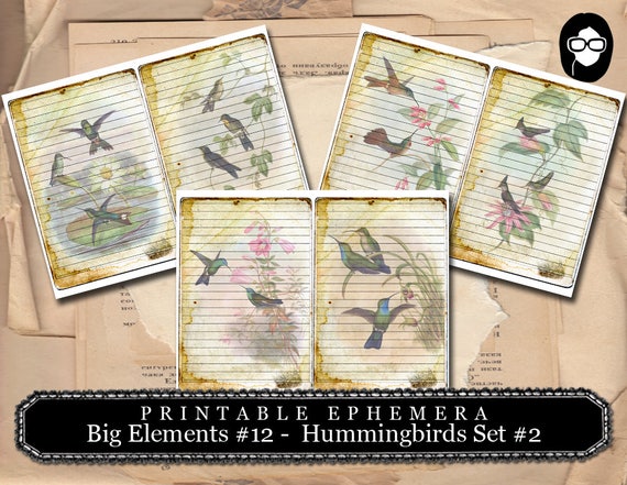 Journaling Cards - Big Elements #12 Hummingbirds #2 - 3 Page Instant Download - digital journal card, ephemera pack, gift tags template