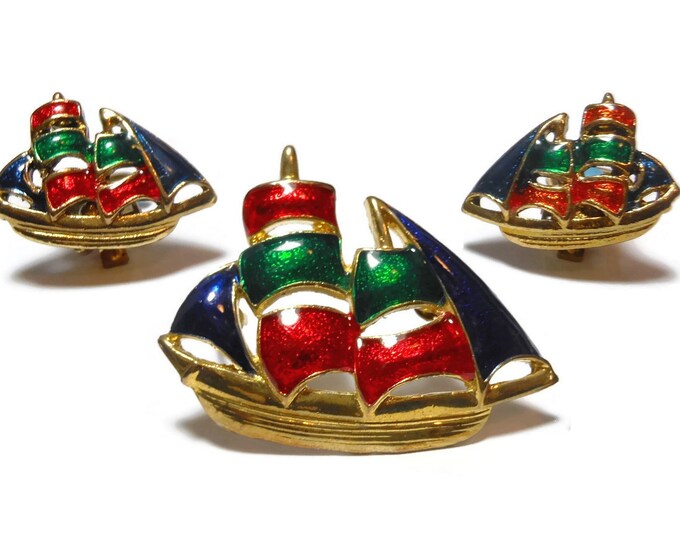 FREE SHIPPING Nautical sailboat set, enamel boat, red blue green, gold plated, brooch clip earring, interchangeable pendant brooch