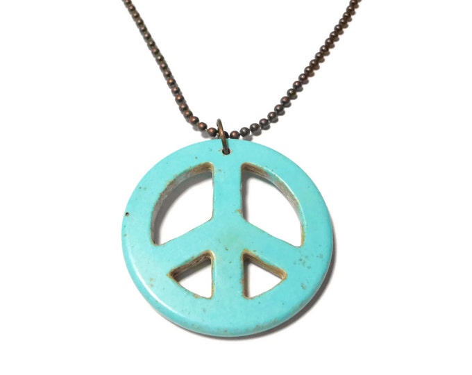 Turquoise peace symbol pendant, faux howlite necklace, your choice or take both, share with friend, industrial chic, bronze ball chain