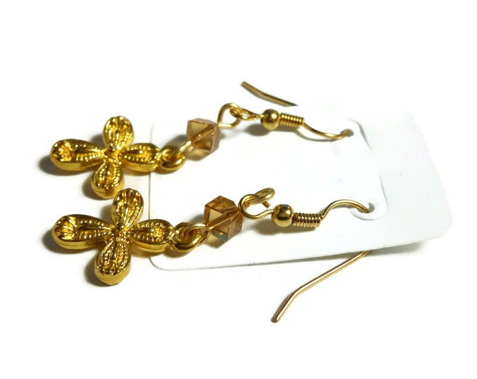 FREE SHIPPING Small cross earrings, gold tone ornate crosses, gold plated french wires, champagne Swarovski crystals, dangle earrings