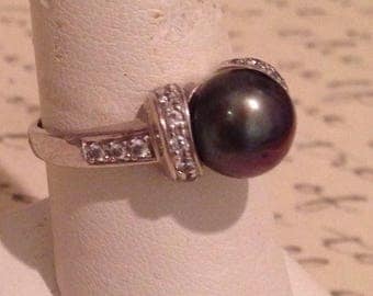 Vintage hematite and CZ sterling silver ring, 9 1/4