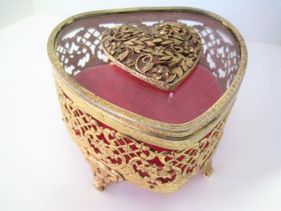 Gold Jewelry Box - Ormolu Heart Box - Vintage Vanity Display - Mid Century Jewelry Storage