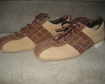 DEXTER Suede Bowling Shoes - Brown/Tan Saddle Shoes - Leather Lace Ups - Ladies Size 6 1/2 - American Made in USA