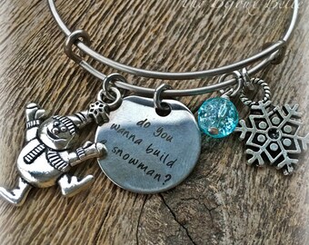 Child Size Bangle Bracelet, Do You Want to Build a Snowman, Frozen Jewelry, Kids Bangle, Olaf, Snowflake Jewelry, Childrens Jewelry