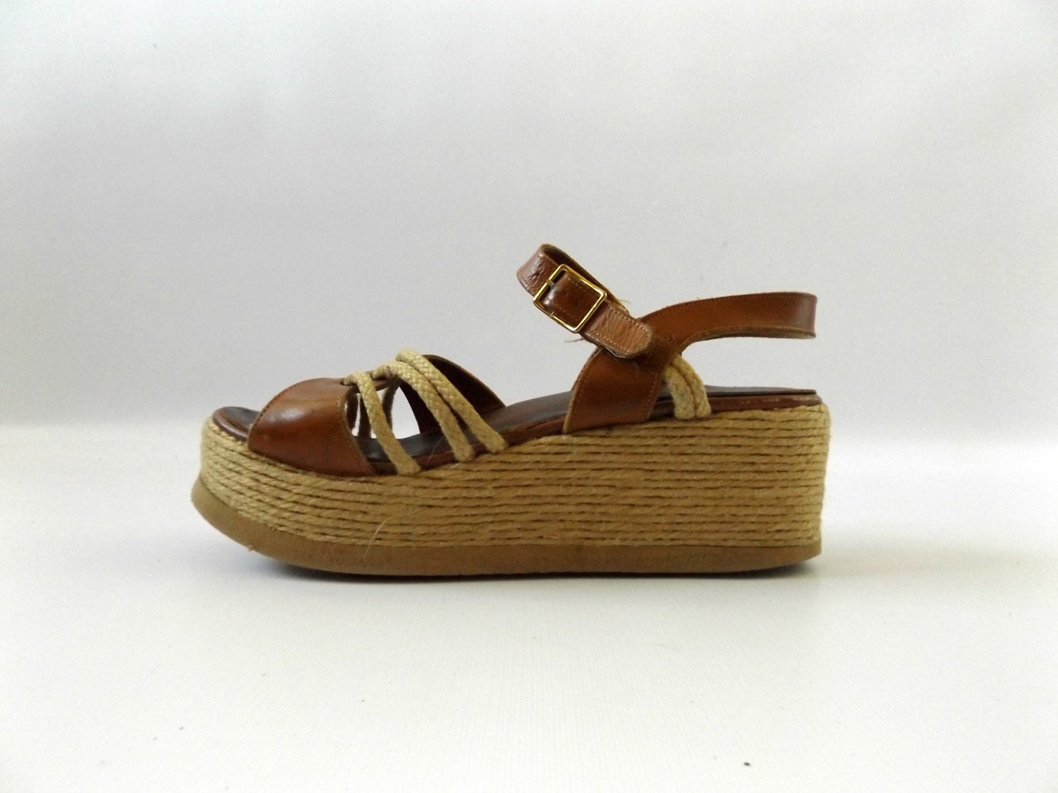 Strappy 70s Platform Sandals Vintage Woven Rope Open Toe Shoes