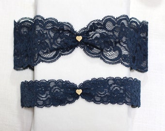 Navy lace garter set, gold tiny heart charm garter set, wedding garter set, lace garter set, bridal garter set