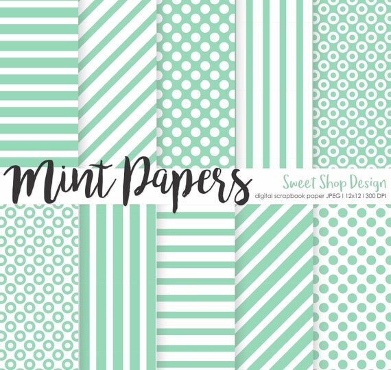 Digital Paper: MINT, Printable Scrapbook Paper Pack, 12x12, Mint, Stripes, Polka Dots, Set of 10 Papers Il_570xn