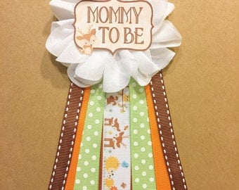 Woodland Animals Baby Shower Pin Mommy To Be Pin Flower Ribbon Pin Corsage Mommy Mom New Mom its a boy country hunting forest animals