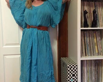 1970s Teal Cotton Gauze Angel sleeve dress sz l