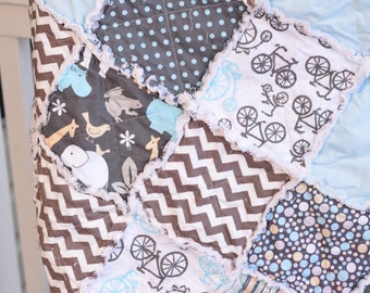 Baby Rag Quilt- Ready to ship Rag Quilt, Blue rag quilt, baby boy rag quilt, baby shower gift, animal rag quilt, bike rag quilt