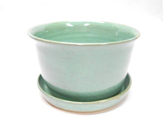 Pottery Planter and Plate Ceramic Planter with Plate Planter with Drainage Hole Pot with Drainage Hole Large in Speckled Turquoise