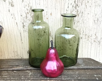 Hand Blown Bottles, Green Glass Vases 2 Vintage Olive Colonial