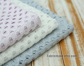 Embroidered Cotton Fabric, Hollowed Hexagon Lace Fabric, Lilac Ivory Light Blue lace Fabric- 1/2 yard Lace