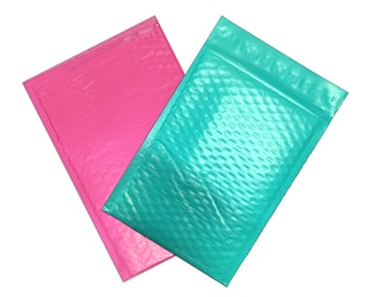 50 Pack 4x8" Hot Pink & Teal BUBBLE MAILERS, Protective Hot Pink n Teal Padded Envelopes, Approved Mailer Shipping Envelopes