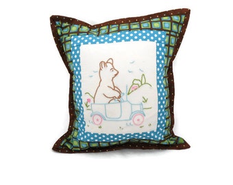 Embroidered Bear Pillow - Vintage Embroidery - Vintage Quilt Block Pillow- Brown Turquoise Nursery Decor - Glamper Decor - Free Shipping-117