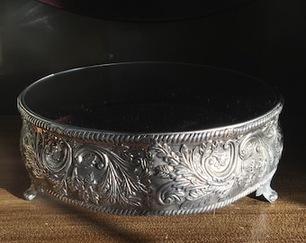 Studio Silversmith Ornate Silver Mirror Cake Stand, Repousse Cake Stand, Mirrored Vanity Tray, Mirrored Centerpiece