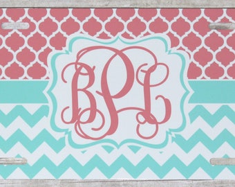 Personalized License Plate Aqua & Coral Chevron Quatrefoil